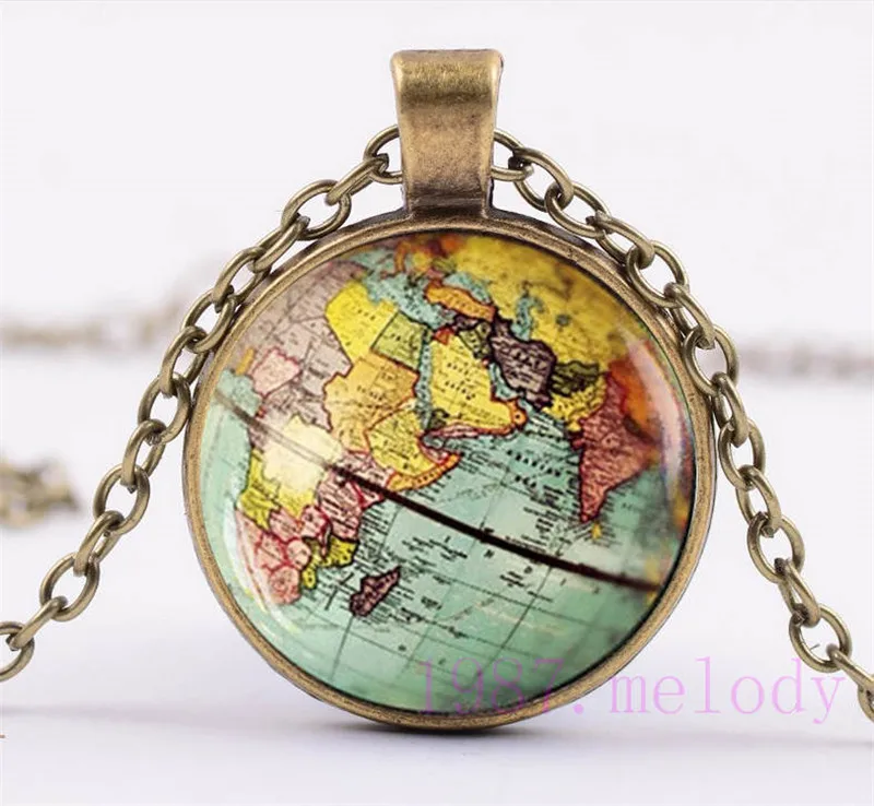 Карта мира креативная винтажная кабошон с фото ожерелье из стеклянной цепочки