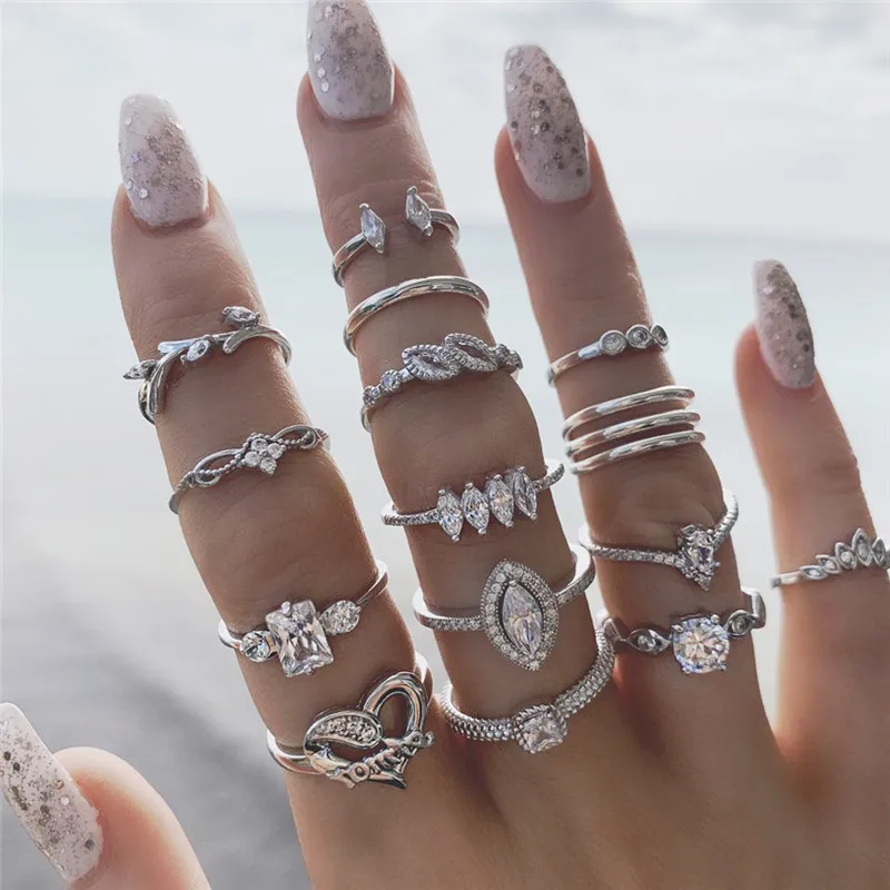 

15PCS/Set Crystal Heart Rings Set For Women Elegant Silver Color Finger Rings 2020 Fashion Statement Female Jewelry Gifts