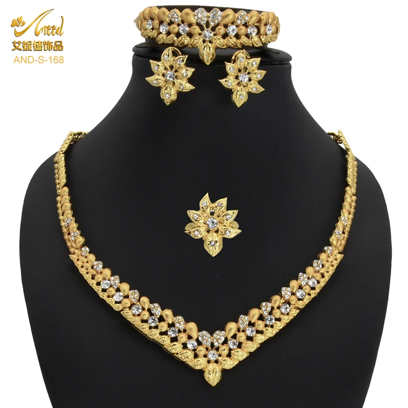 

African Gold Color Jewelry Set For Women Nigerian Wedding Necklace Earring Bracelet Rings Sets Ethiopian Jewellery Accessories
