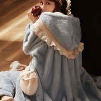 pijamas women warm thick facecloth autumn winter sweet and lovely princess wind rabbit with cap robe female suit home clothes