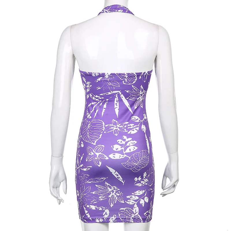 

90s Vintage Floral Print Purple Mini Dress Women Sexy Backless Sleeveless Halter Dress Y2K Aesthetic Summer Party Night Bodycon