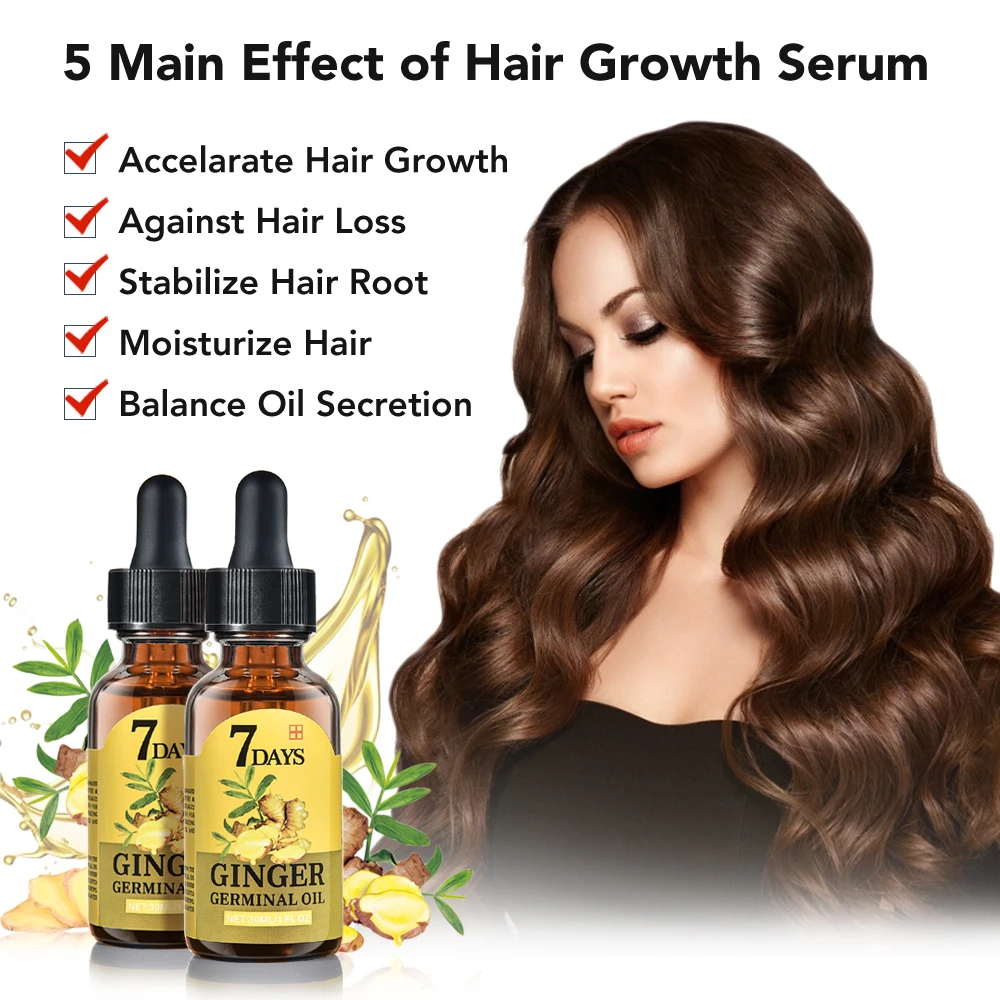 

2pcs 7days Hair Growth Serum Ginger Oil Regrowth Essence Anti Hair Loss Repair Thicker Damaged Hair Repair 30ml for Men Women