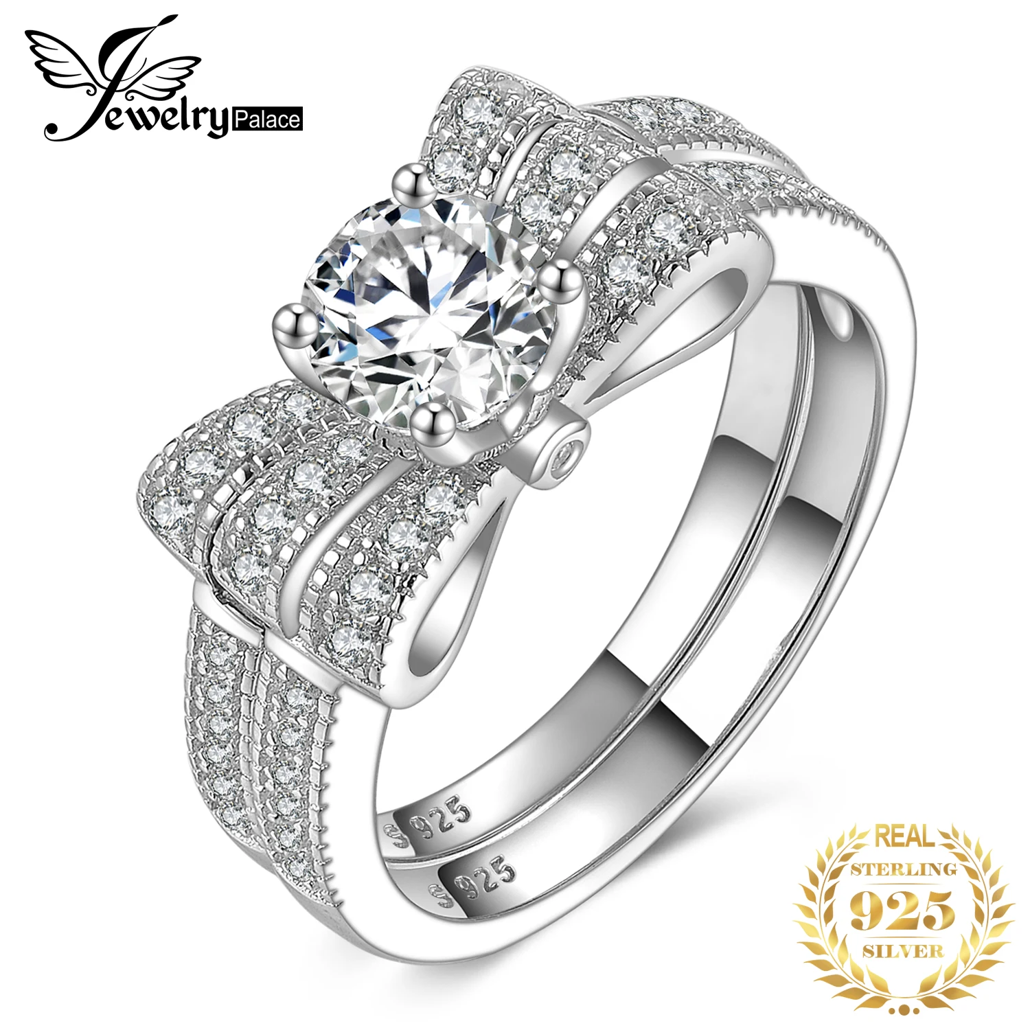 JewelryPalace круглый 1ct кубического циркония ленты бантом обручение обручальное кольцо наборы для ухода за кожей 925 пробы серебряные кольца дл