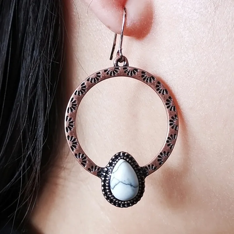 

Exquisite WomenDrop-shaped Circle Retro Red Copper White Turquoise Earrings Statement Jewelry Gifts