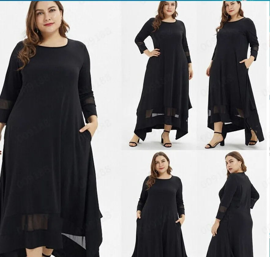 

2021 new hot sale plus size women's three-quarter sleeve mesh round neck stitching slit dress