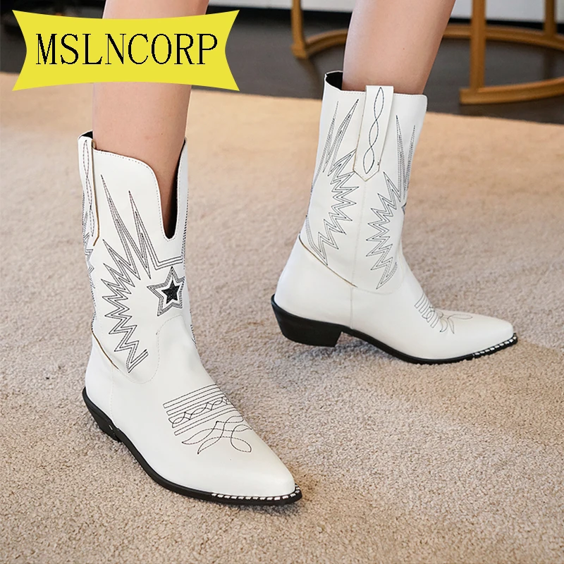 

Plus Size 34-48 Black Leather Embroidered Knee High Boots Women Pointy Toe Spike Kitten Heels Winter Mid-Calf Boots Knight Boots