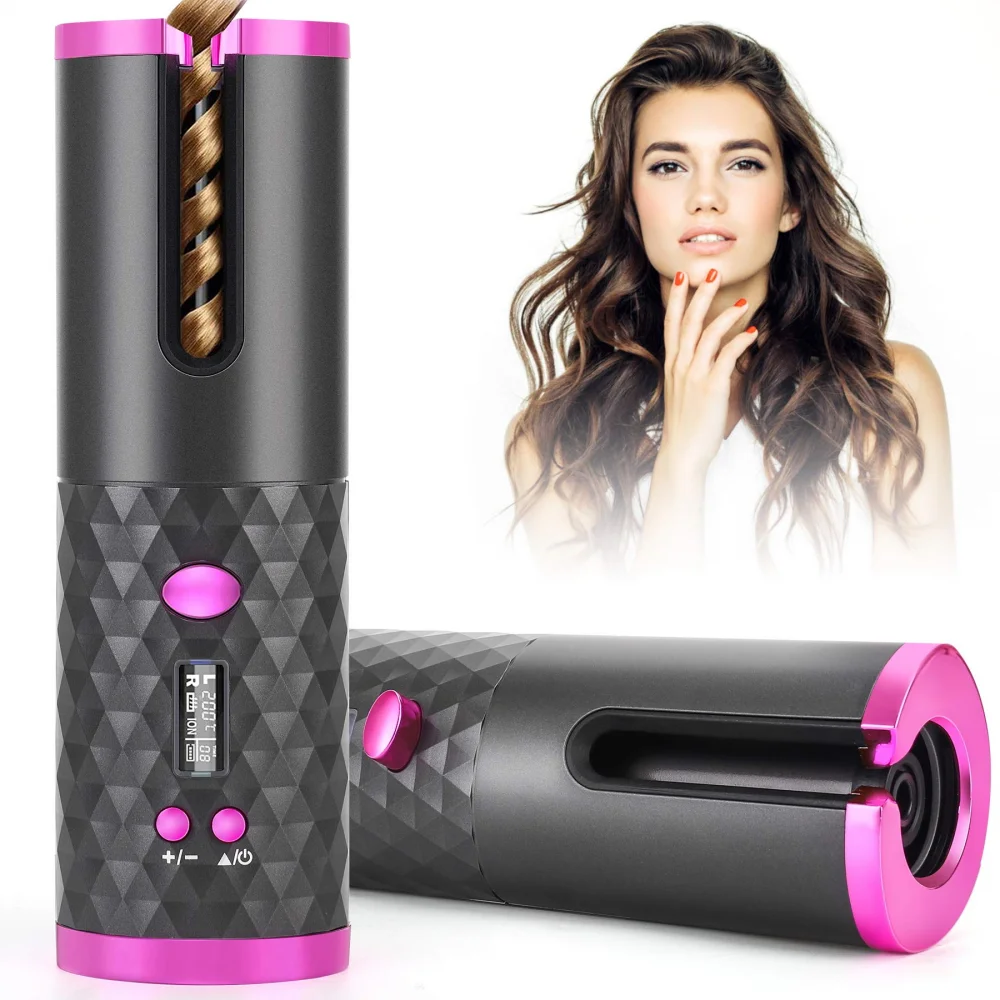 

Cordless Automatic Hair Curler USB Rechargeable Curling Iron Curls Waves LCD Display Ceramic Curly Rotating Curling Wave Styer