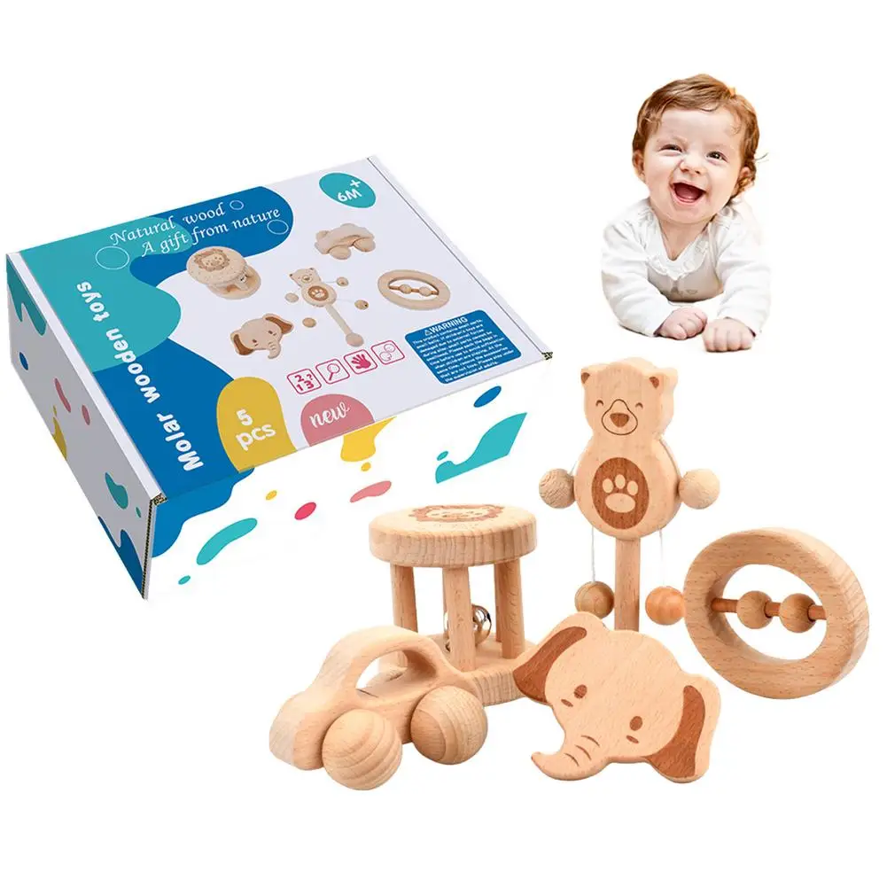 

5pcs Wooden Baby Teething Toys Montessori Toy Teether Ring Rattle For Infant Boys Girls Cartoon Animal Push Car Bells Teethers