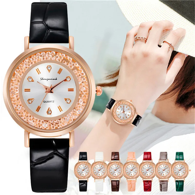 

Dropshipping Clock for Women Diamond Beads Watches Luxury Ladies Leather Quartz Wristwatches Relogio Feminino