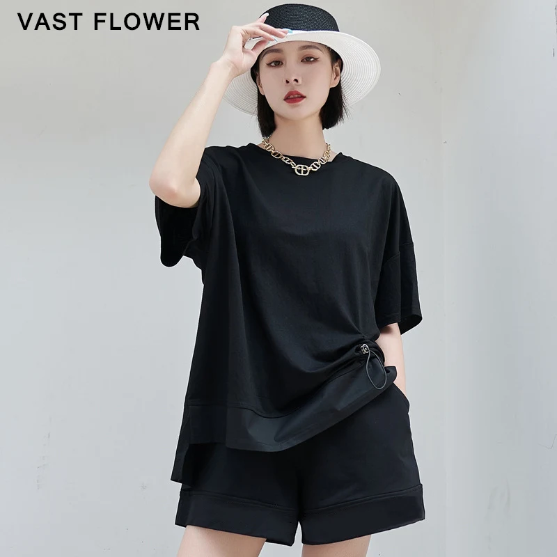 

Women Black Irregular T-Shirt Fashion Personality Drawstring O-Neck Short Sleeve Loose Casual T Shirt Tops Clothes Summer 2021