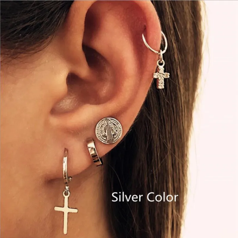 New Chain Gold Earrings For Woman Trendy Geometric CrossTriangle Circle Moon Star Pendant Dangle Set Female Jewelry | Украшения и