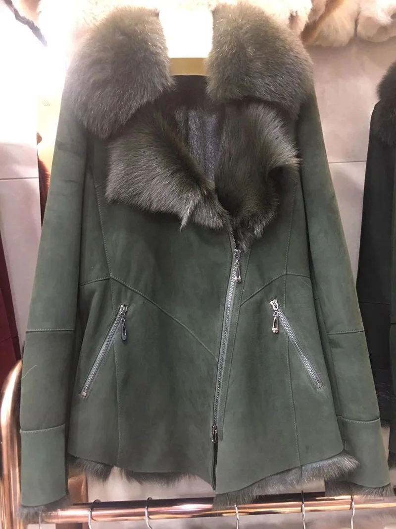 army green Женская зимняя верхняя одежда из натурального меха и овечьей кожи, пальто с воротником из лисьего меха, тонкая модная женская элегантная Осенняя верхняя одежда - Цвет: army green