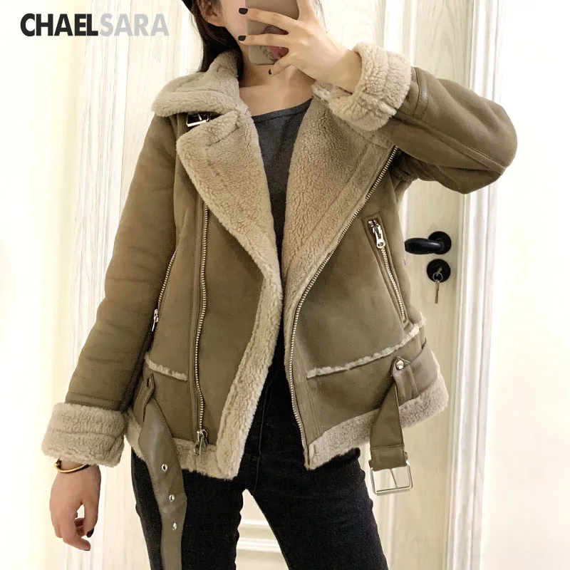 Winter Faux Lamb Leather Jacket Women Faux Leather Lambs Wool Fur Collar Suede Jacket Coats Female Warm Thick Outerwear