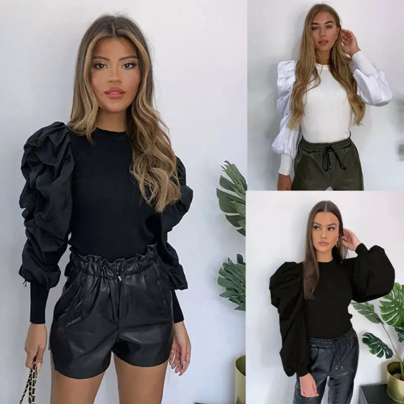 Модные женские рубашки Тонкая блузка с длинным пышным рукавом и круглым вырезом