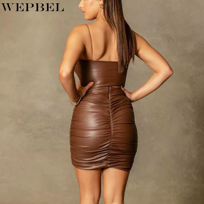 WEPBEL-Conjunto de dos piezas de cuero sintético para mujer, Top corto con tirantes y minifaldas de cintura alta, ropa Sexy para fiesta y discoteca, 2021