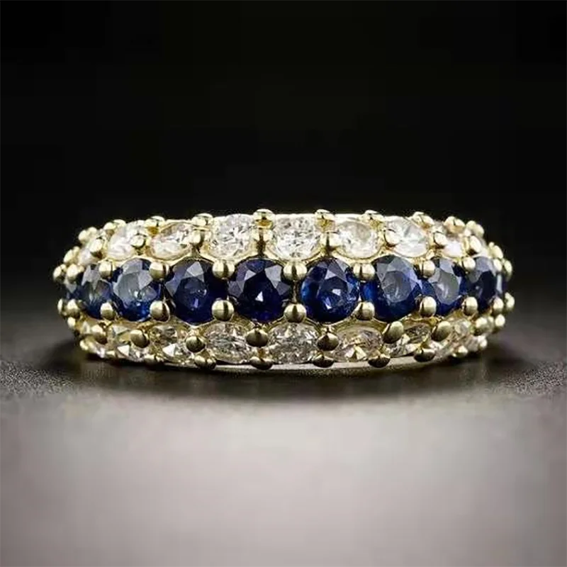 

Luxury Ladies Gold Color Blue White Crystal Rhinestone Zircon Full Micro Paved Clear AAA CZ Ring for Women Party Jewelry
