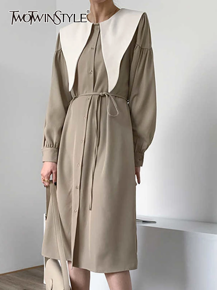 

TWOTWINSTYLE Patchwork Shawl Women's Dress O Neck Long Sleeve Lace Up Bowknot High Waist Slimming Women's Elegant Dress New