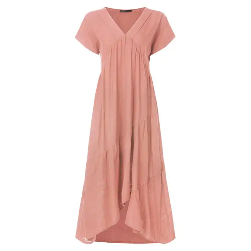 Pink Little Thin Платье С Рюшами размера плюс, Женский ассиметричный сарафан, ZANZEA, модное летнее макси платье, женское платье с коротким рукавом, Femme 5XL - Цвет: Pink Little Thin