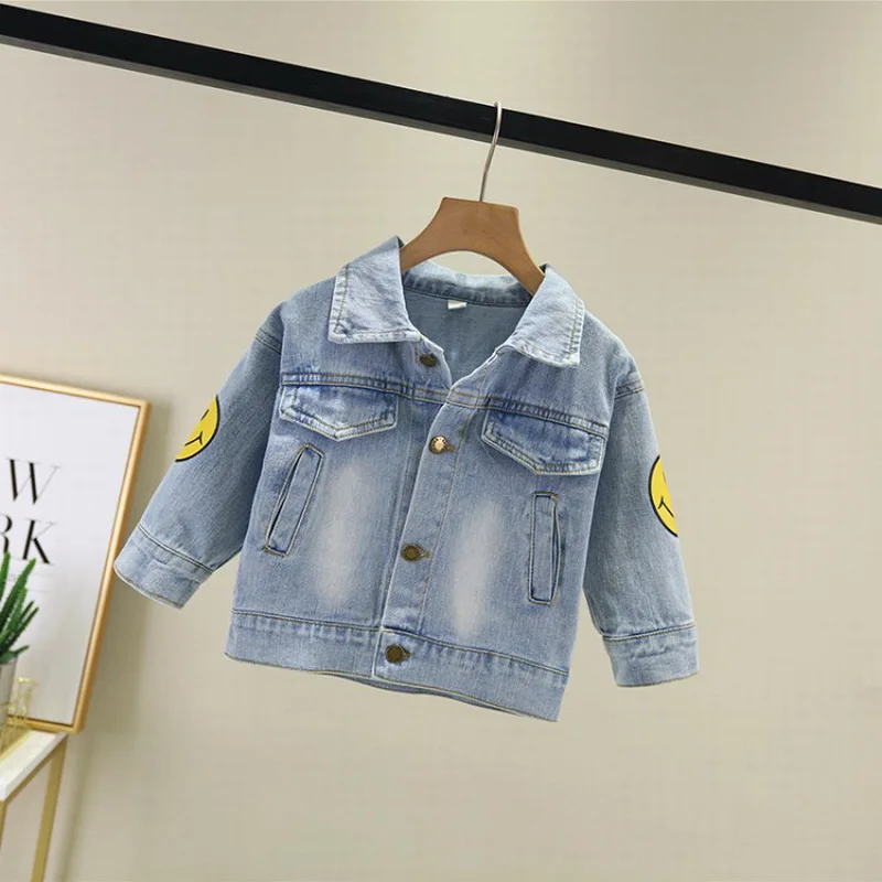 Джинсовая куртка с надписью смайлик для мальчиков детская верхняя одежда