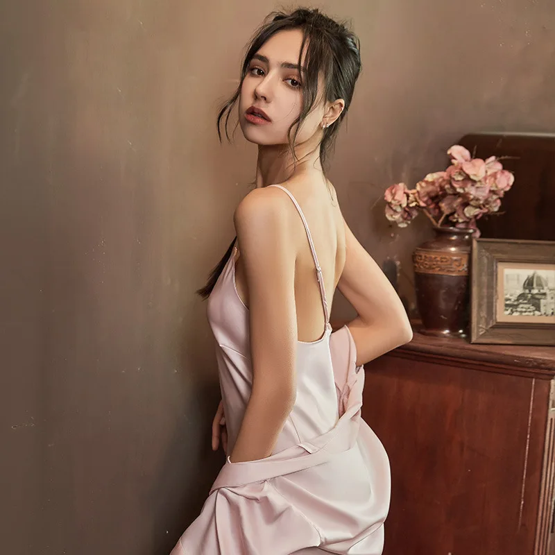 

Fiklyc Femme Mujer Sexy Backless Nightdress Short Sleeve Bathrobe 2PC Nightwear Robe Gown Sets Temptation Faux Silk Sleepwear