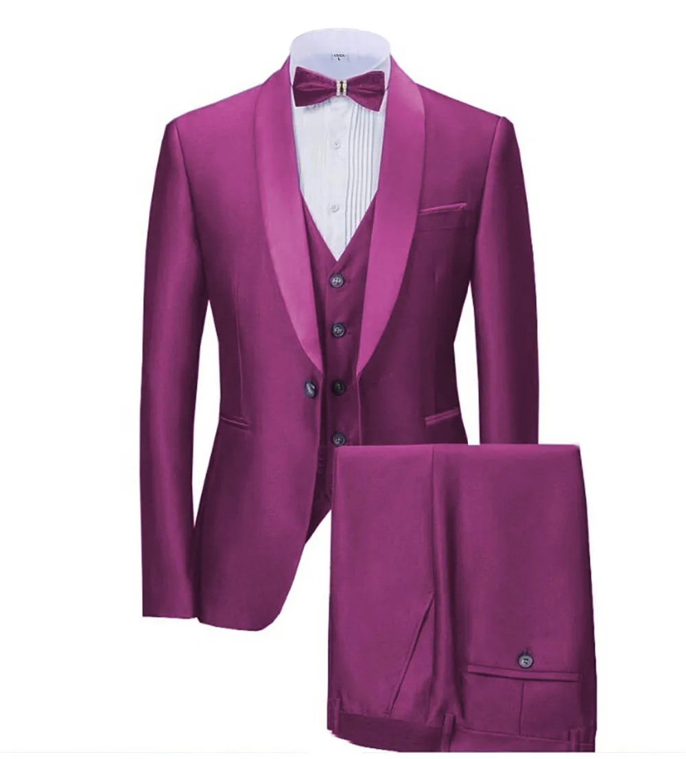 fuchsia Новинка, темно-синие мужские костюмы, 3 предмета, деловой Блейзер, смокинги, шаль с отворотом для свадьбы, жениха(пиджак+ жилет+ брюки - Цвет: fuchsia