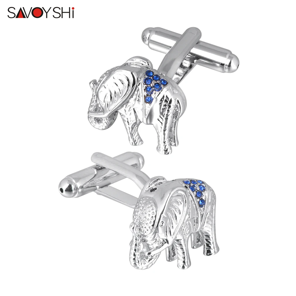 

SAVOYSHI Novelty Silver Plated Elephant Cufflinks for Mens Women Bussiness Wedding Gift Blue Crystal Tuxedo Shirt Cuff links