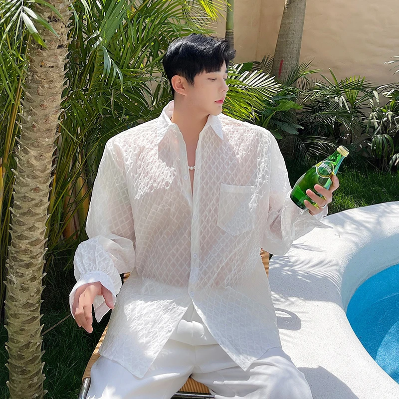 

Summer New Men's White Shirt Ultrathin Breathable Korean Fashion Casual Long Sleeved Shirts Loose Holiday Button Shirt