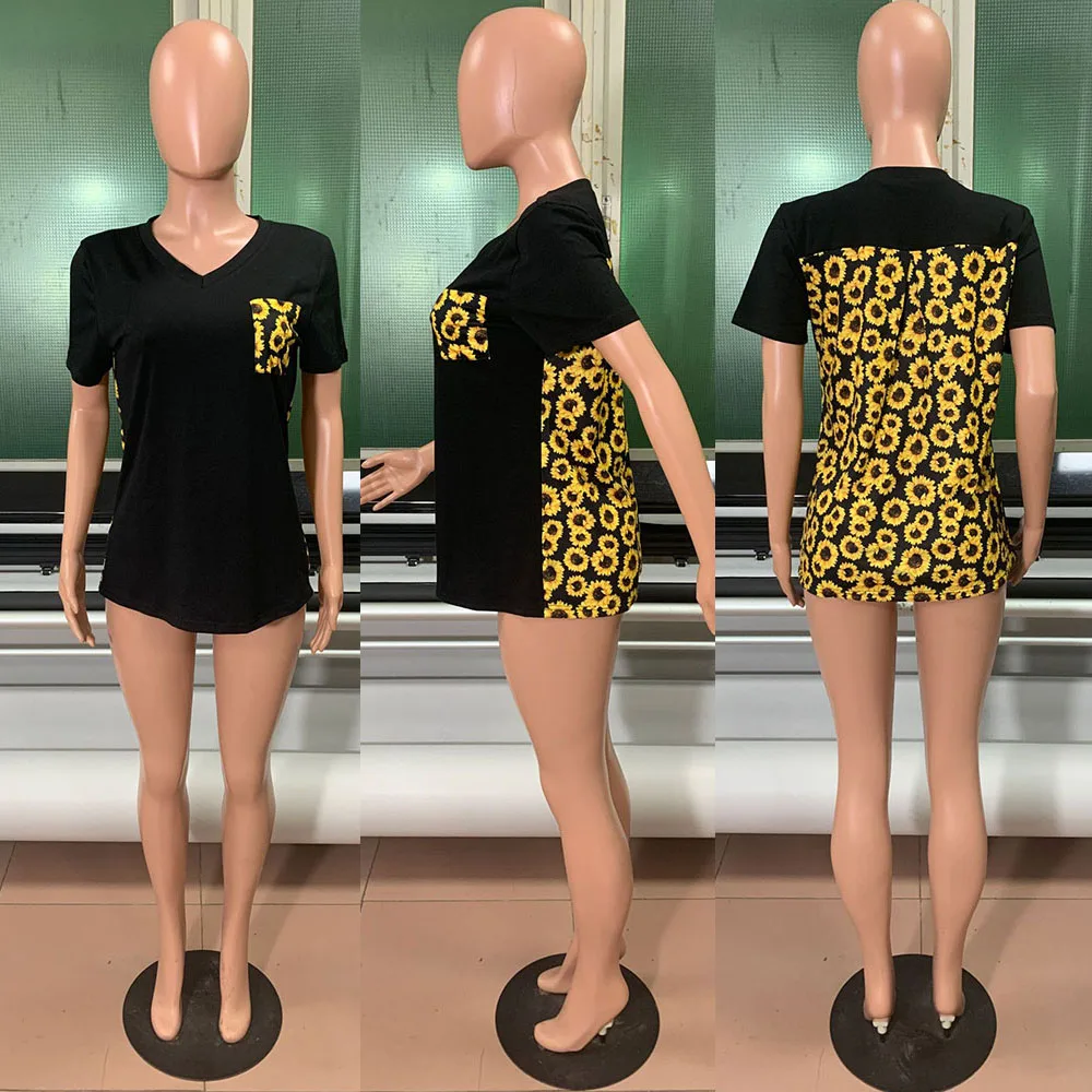 

SEBOWEL Woman Summer Short Sleeve Print Patchwork T-shirts Tops Female Contrast Color Sunflower/Leopard Pocket Tee Size S-XXL