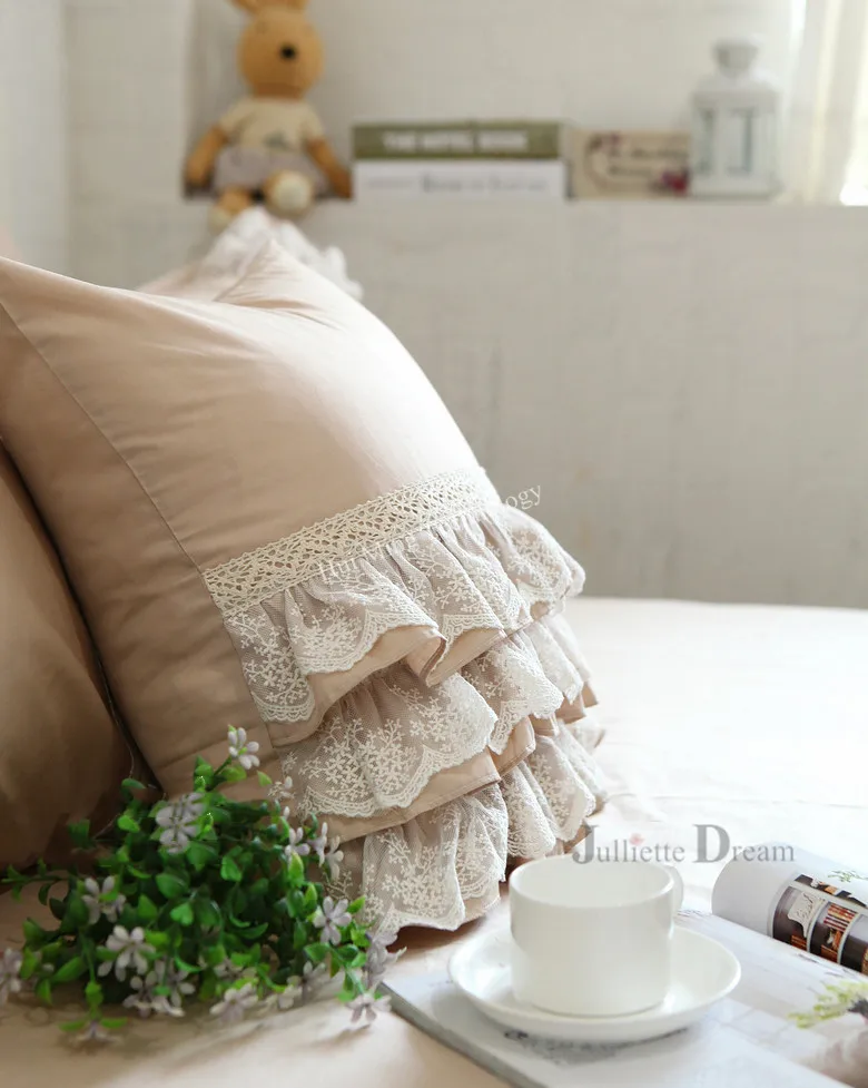 

Embroidery Khaki Cushion Cover ruffle white Lace beautiful flower romantic 45*45cm Flounced cotton Pillow Cover custom HM-18S