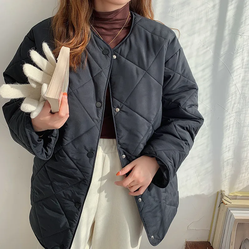 

Winter Fashion Outwear Casual Jackets Rhombus Pattern Solid Tops All-Match Simple Fresh Stylish Warm Women Coat Loose Thicken