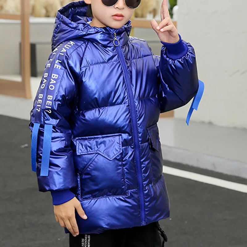 

Winter Send Children White Duck Down Stand Collar Down Jacket Fashion Boys and Girls Bright Face Thickened Cotton Coat Children