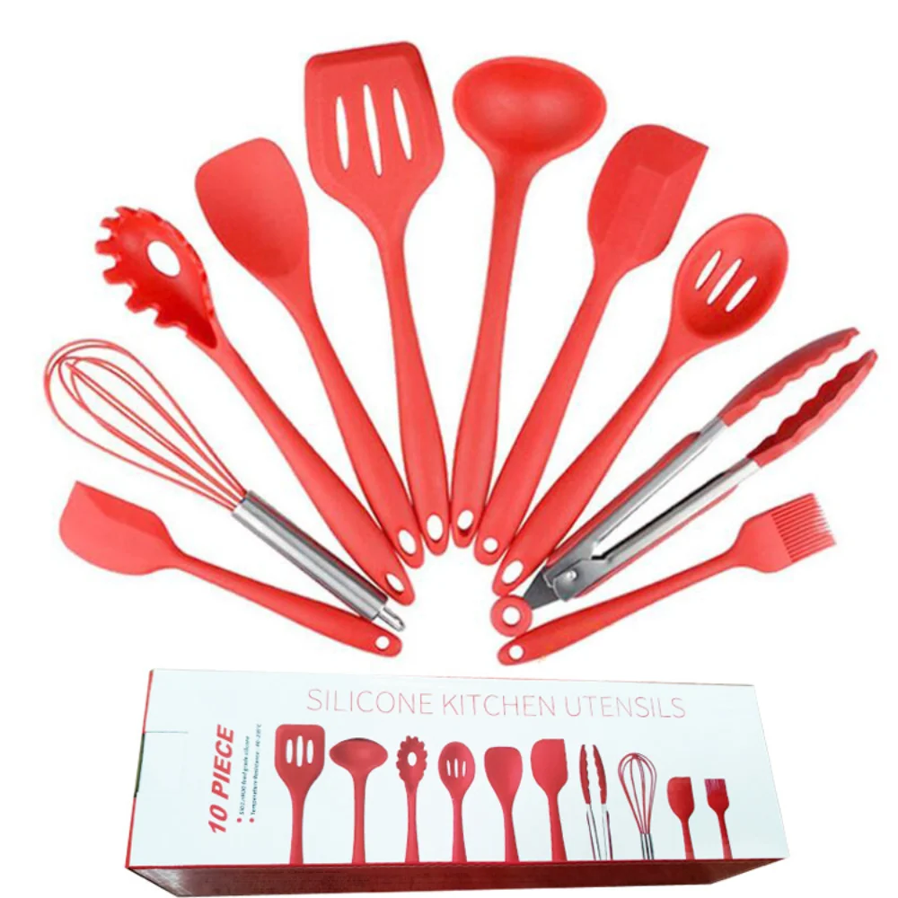 

10pcs Useful Premium Silicone Kitchen Cooking Utensils Set with Storage Box Turner Tongs Spatula Soup Spoon Cooking Tools Set
