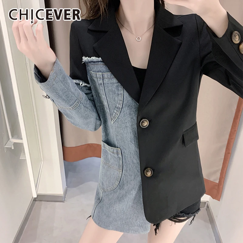 

CHICEVER Temperament Two Tone Patchwork Female Blazer Notched Long Sleeve Slim Casual Denim Coats For Women 2021 Autumn Clothing