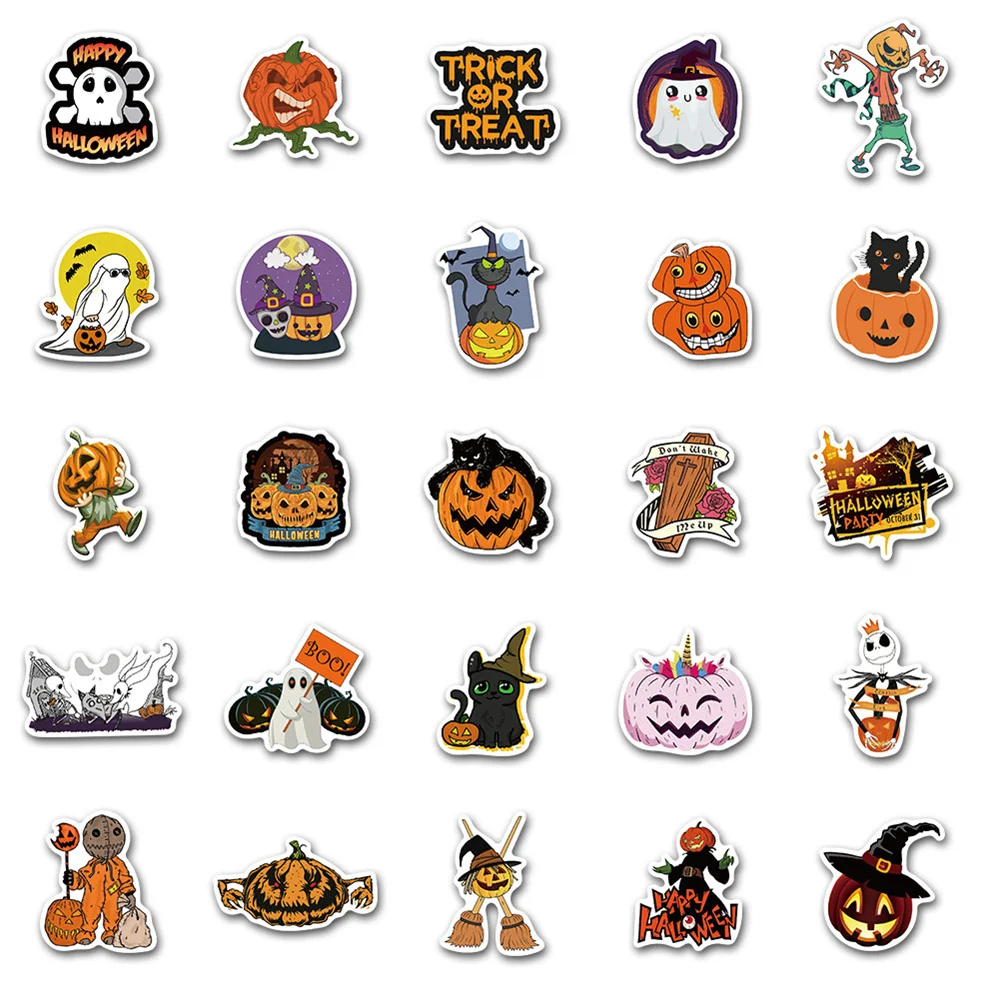 Pegatinas de cabeza de calabaza de dibujos animados, juguetes de decoraci&oacute;n de guitarra impermeables de grafiti para Halloween, 10/30/50 Uds., venta al por mayor-4