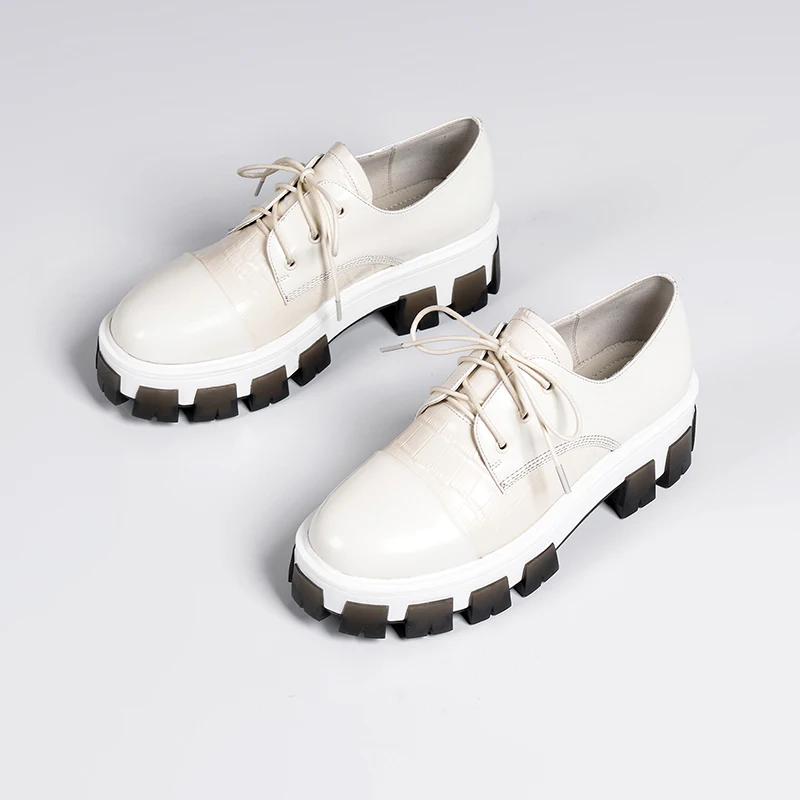 

wetkiss Girls Lace Up Flats Rubber Sole Skid-proof Women Flats Cow Leather Women Flat Platform School Style Shoes