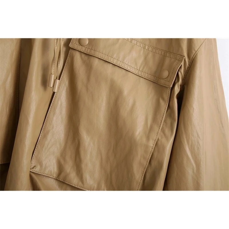 

YOSIBCD Women 2021 Fashion Faux Leather Hooded Cropped Jacket Coat Vintage Long Sleeve Drawstrings Female Outerwear Chic Tops