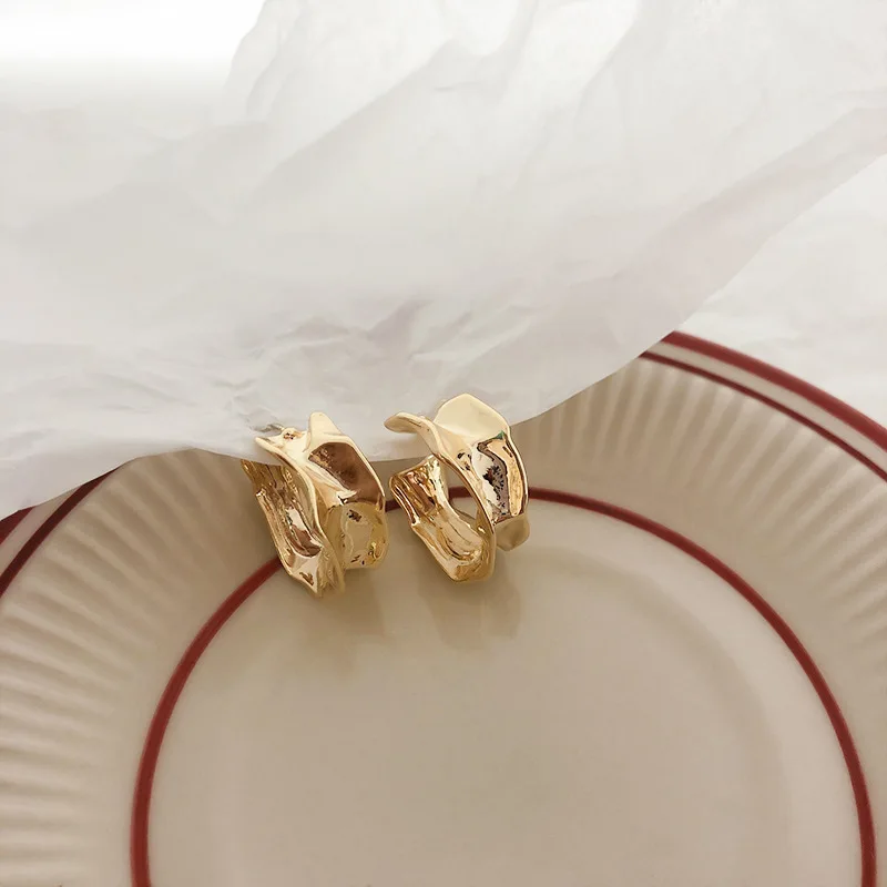 

Christmas Minimal Jewelry Anti-allergy 925 Sterling Silver Post Irregular Geometric Wide 14k Gold Hoop Earrings for Women
