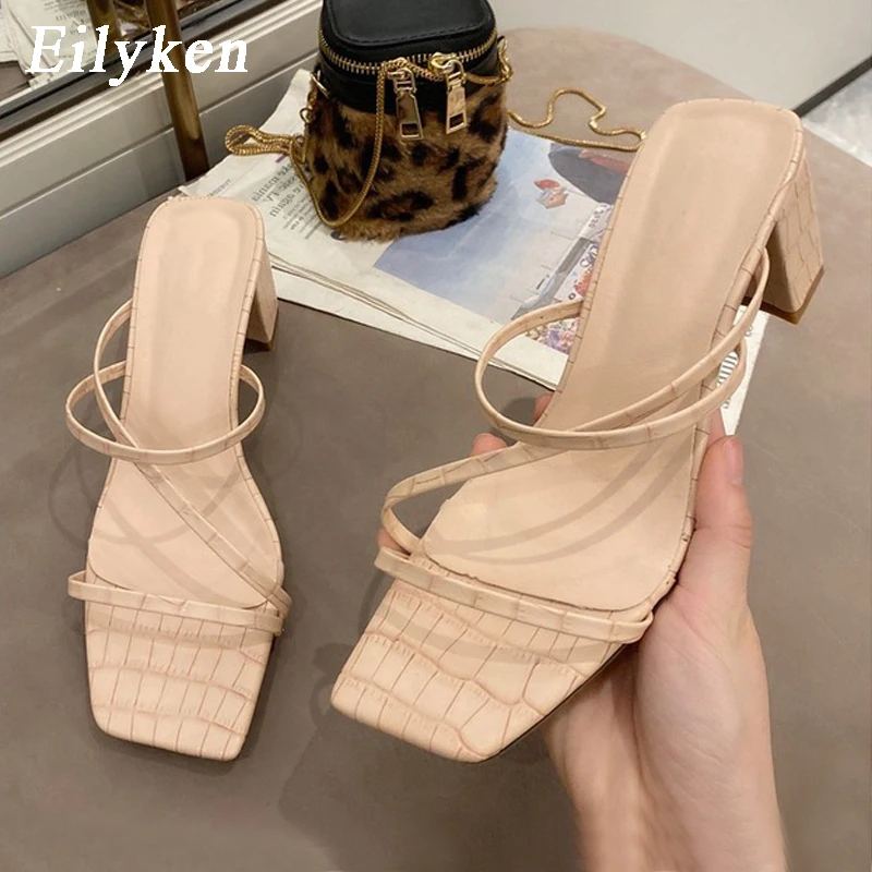 

Eilyken Elegant Women Dress Shoes Summer Outdoor Beach Clip Toe Narrow Band Square Heels Slippers Fashion Peep Toe Sandalen
