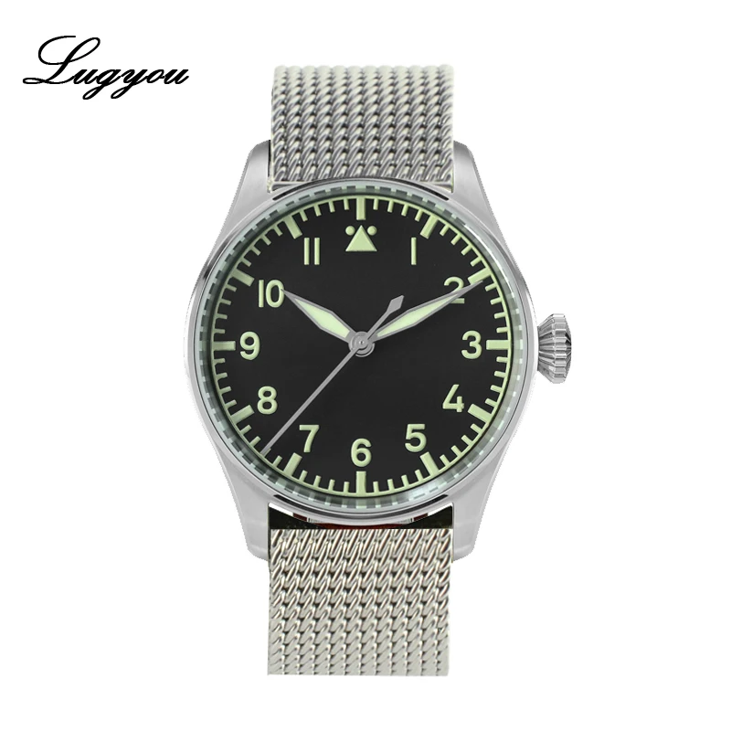 Mesh Black PT Lugyou Сан Мартин пилот Flieger механические мужские часы из нержавеющей стали супер светящийся сапфировый Кристалл Скелет Задняя Кожа Ремешок - Цвет: Mesh Black PT