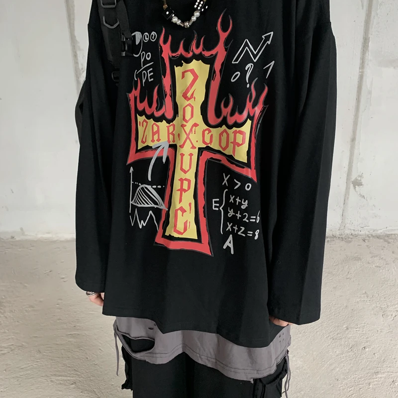 

100% Cotton Fashion Mens Cross Print T Shirt Summer Male Graffiti Cool Casual Cartoon Streetwear Plus Size Autumn Vintage Tops