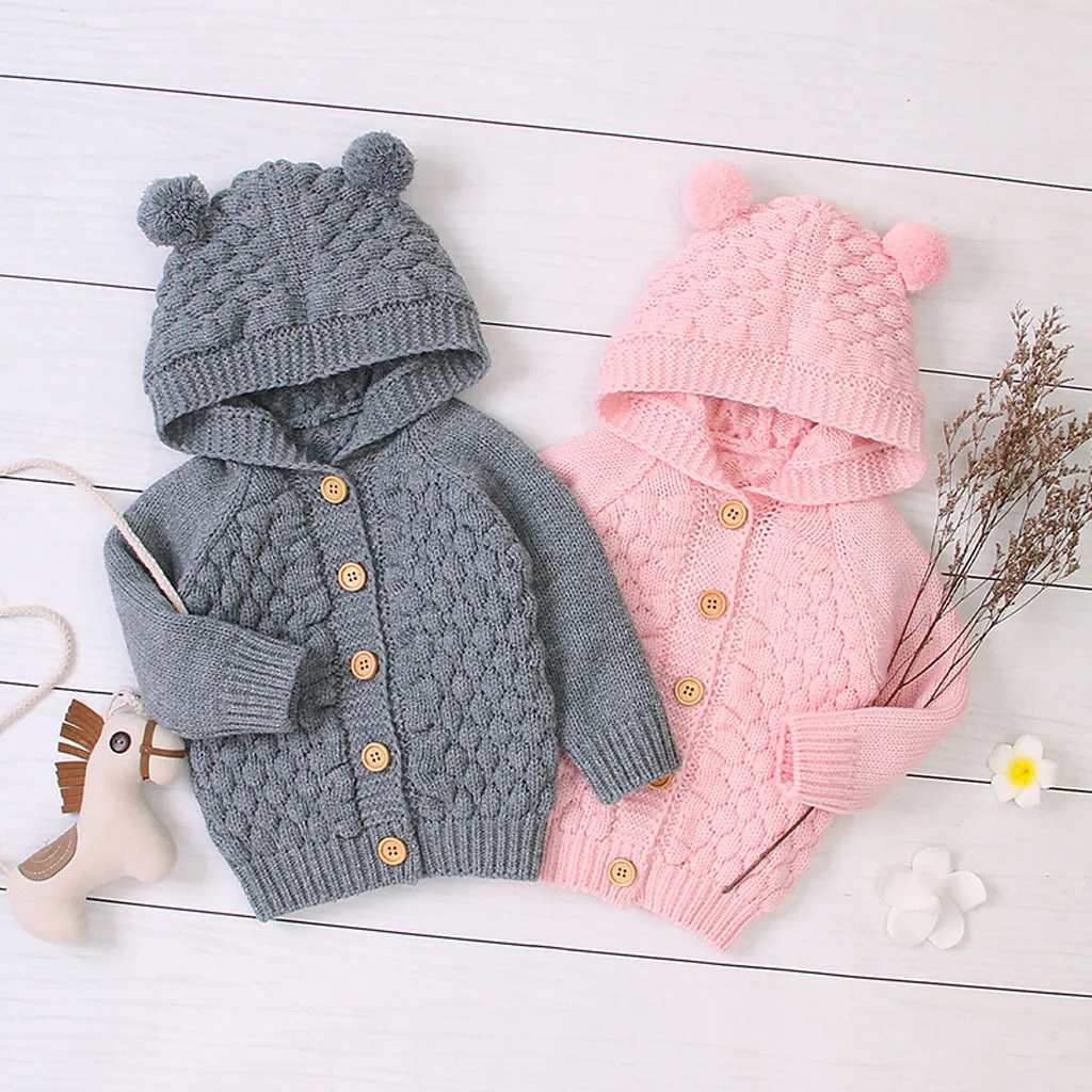 Зимняя куртка для новорожденных девочек и мальчиков теплое пальто трикотажные изделия свитер с капюшоном Детский свитер для маленьких мальчиков и девочек кардиган