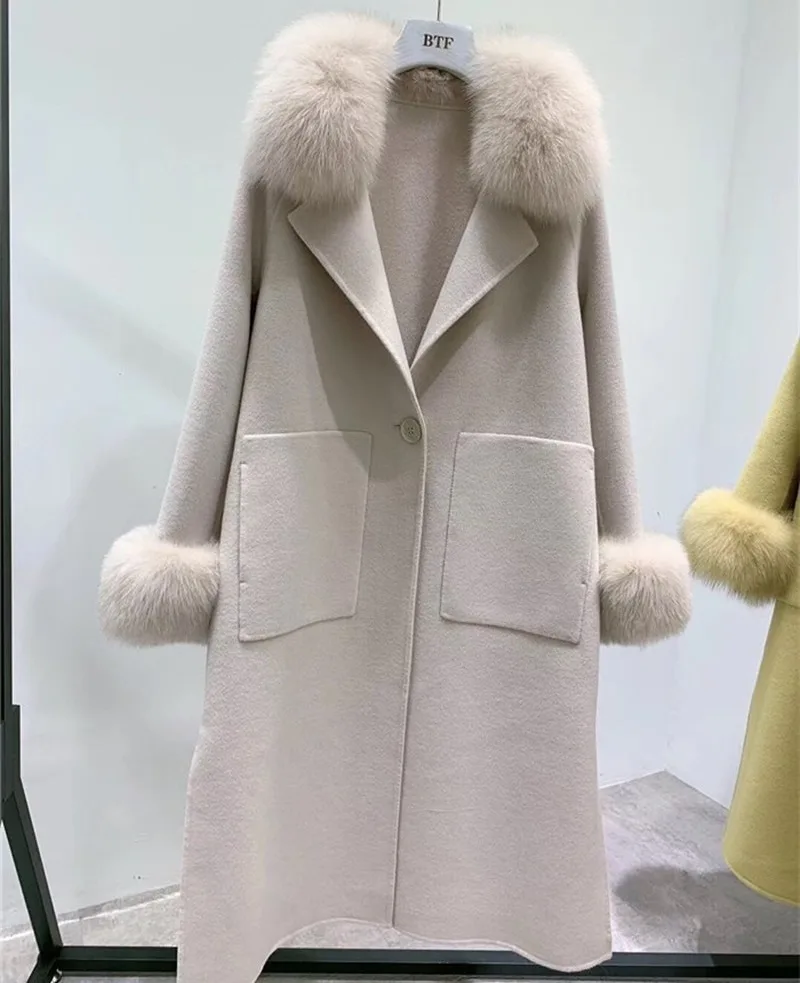 

High Quality Double Side Wool Coat Female Real Fox Fur Collar Cuffs Winter Jacket Women Woolen Coats winter coat women style