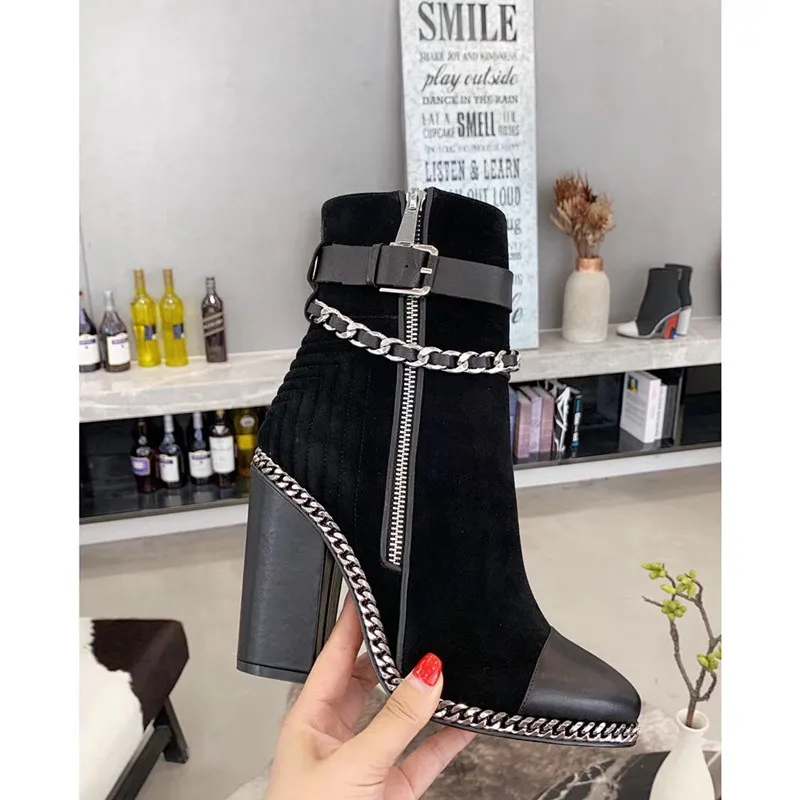 Женские замшевые ботильоны на высоком каблуке с цепочкой платформе 2019|Женские