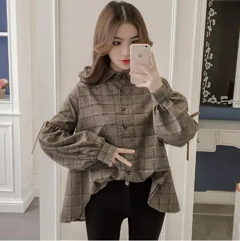 Харадзюку клетчатая женская блузка с длинным рукавом и отложным воротником