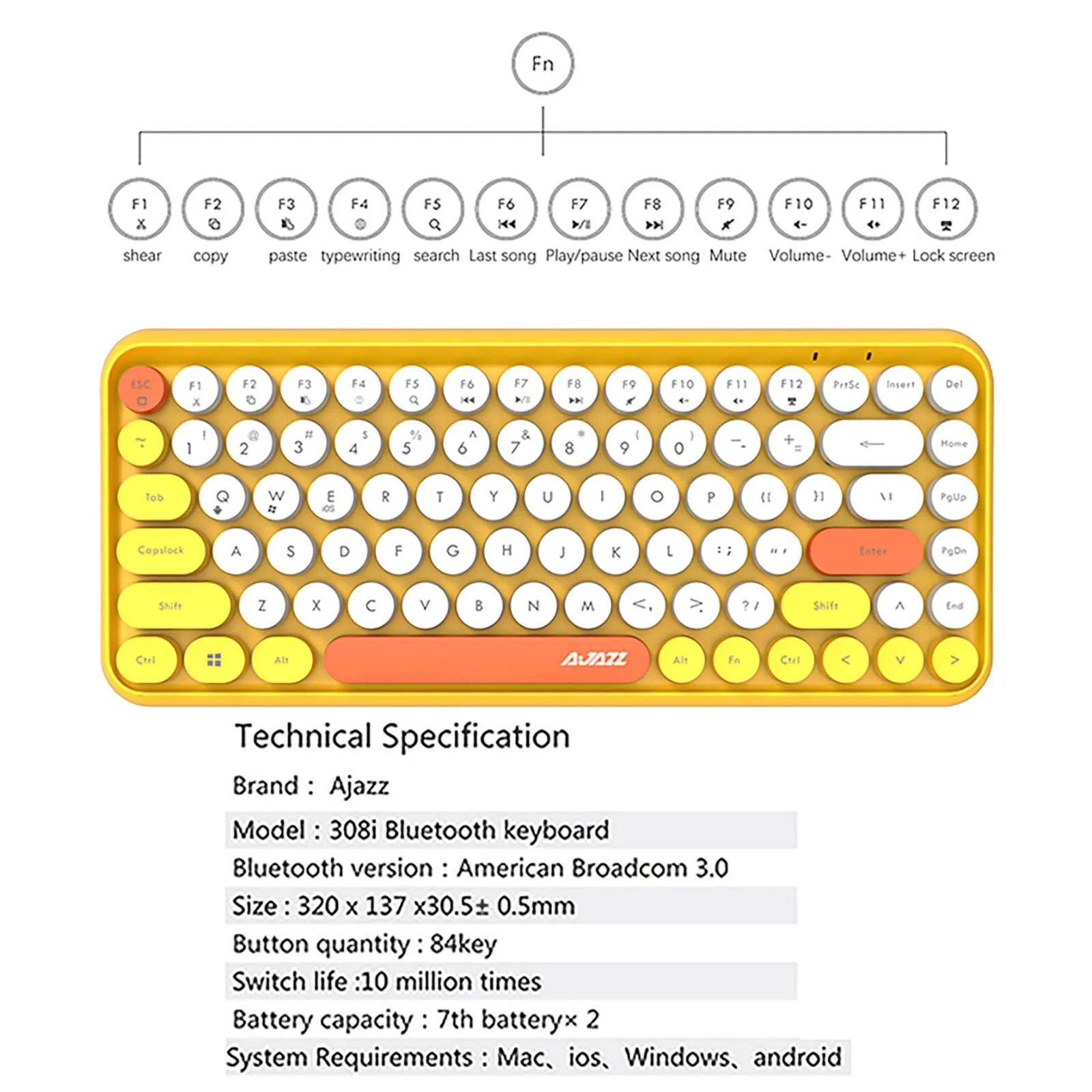 

Ajazz 308i Bt Wireless Keyboard Round Key Cap 10m Bt Kyeboard Connection 84 Keys Keyboards For Pc Laptop Of Various Systems #g3