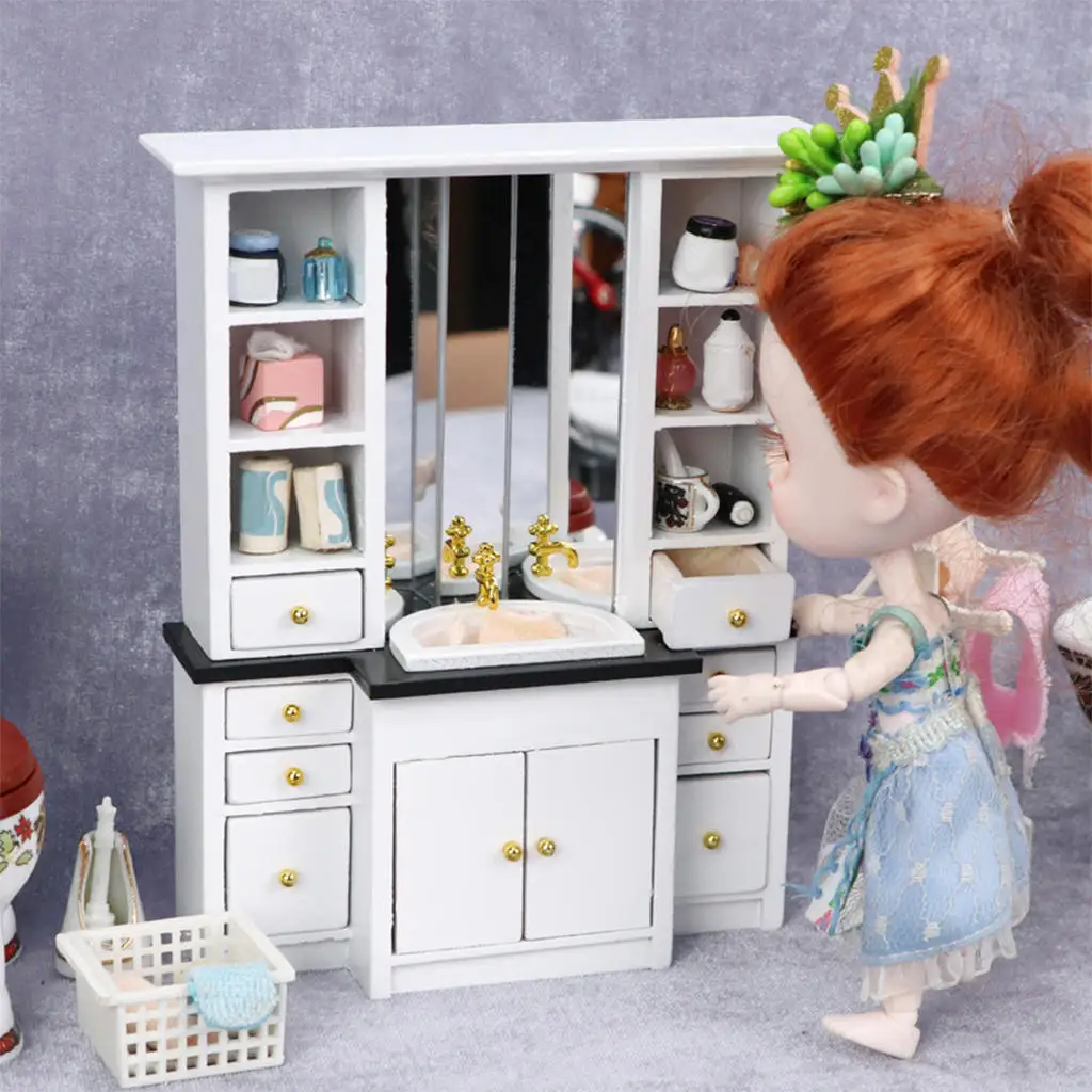 

1:12 Dollhouse Sink Cabinet with Storage And Mirror for Dolls