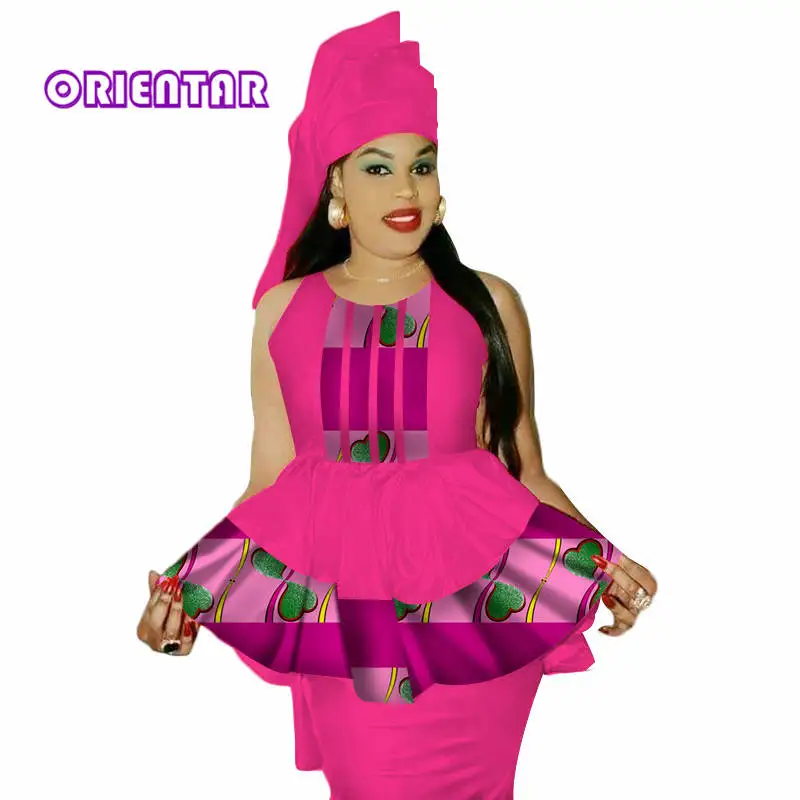 2 Pieces Set African Clothes for Women Sleeveless Tops and Skirt Bazin Riche Africa Print Patchwork Top Skirt Headtie WY3039