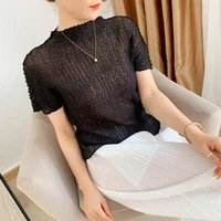 stretch t shirts summer women 2021 new solid color half turtleneck short sleeved miyake pleated thin short tee tops plus size