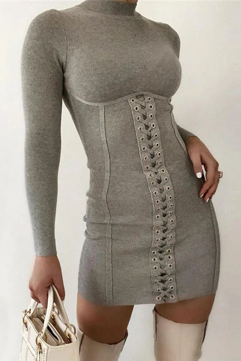 

Temperament high neck tie waist dress women's fall 2020 ins slim chest long sleeve hip skirt