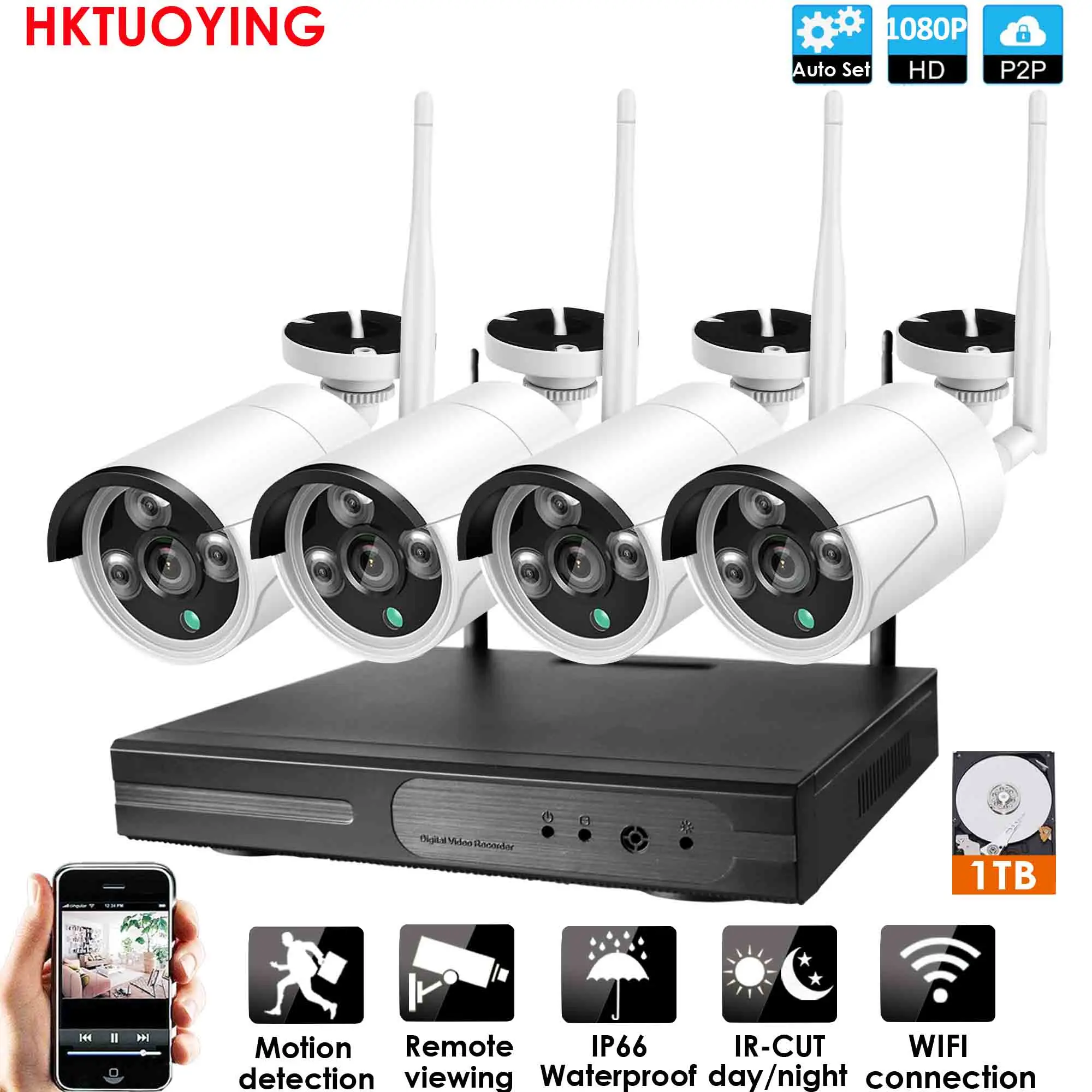 4CH 1080P WIFI Audio 8CH аудио система видеонаблюдения беспроводная 1080P NVR наружная внутренняя P2P Wifi IP CCTV охранная аудио 2.0mp ip-камера система наблюдения комплект - Цвет: 4CH 1080P WIFI Audio